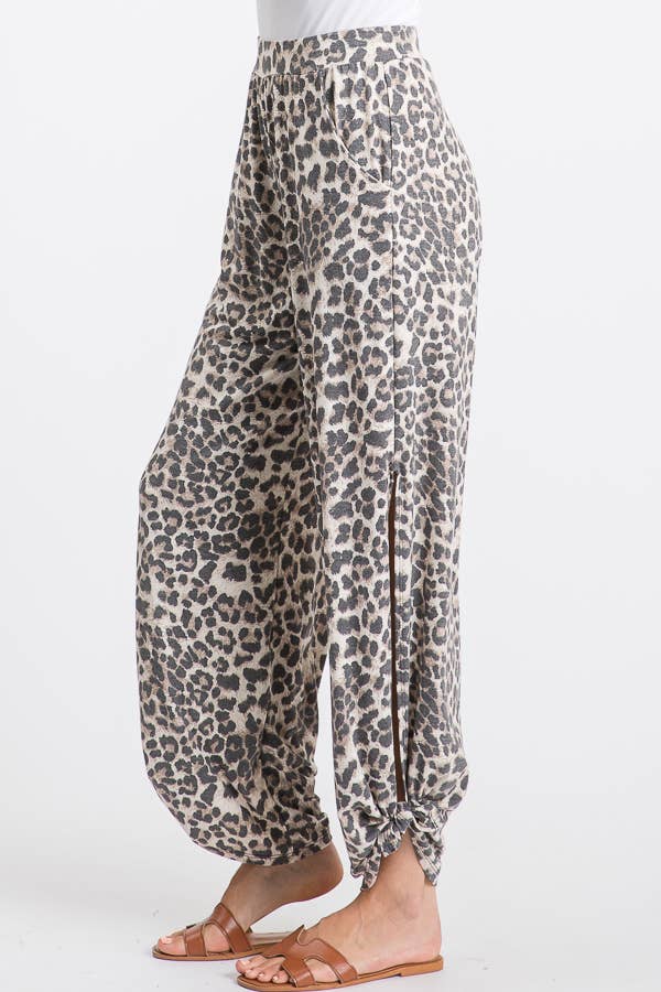 Leopard Print Lightweight Split Side Ankle Tie Pants - UnLaced Boutique