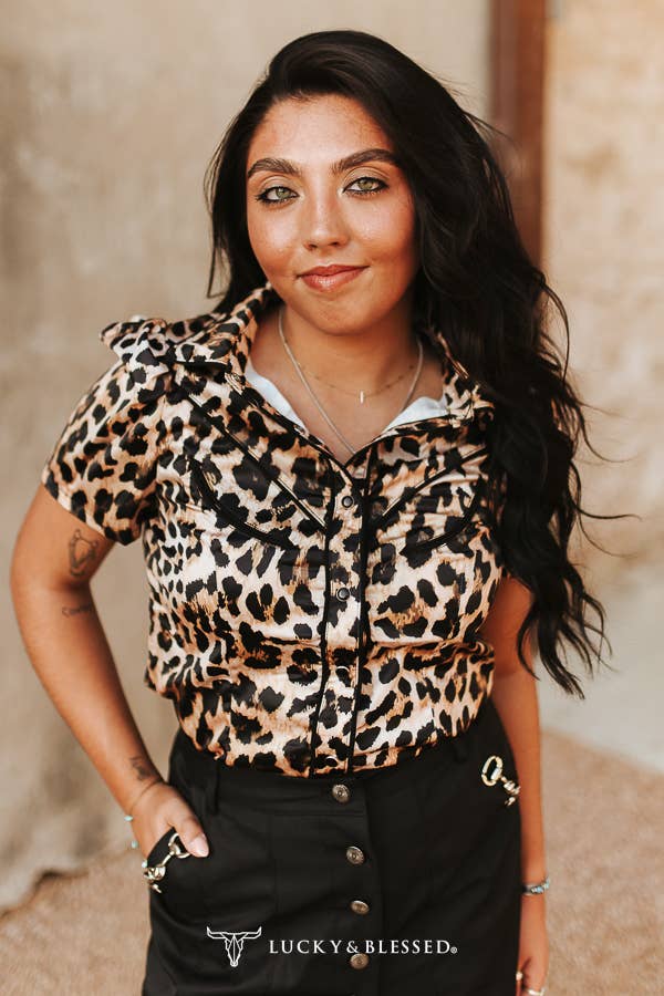 Leopard Satin Contrast Arrow Pearl Snap Puff Sleeve Top - UnLaced Boutique