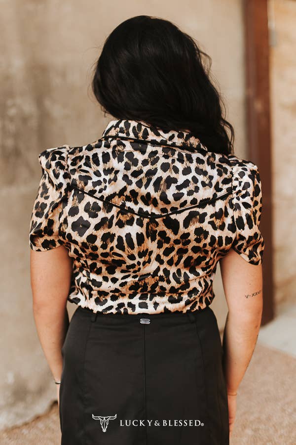 Leopard Satin Contrast Arrow Pearl Snap Puff Sleeve Top - UnLaced Boutique