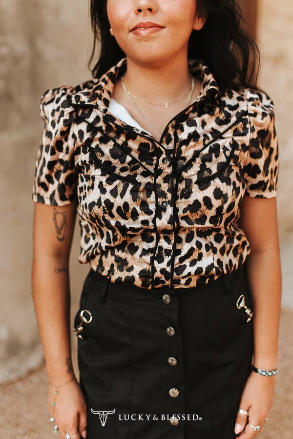 Leopard Satin Contrast Arrow Pearl Snap Puff Sleeve Top - UnLaced Boutique