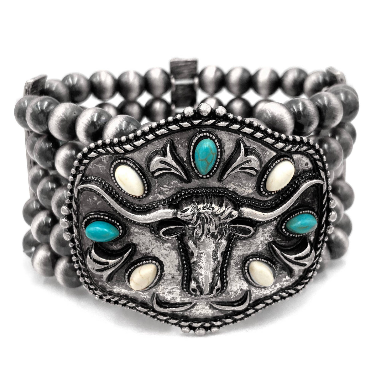 Metal Longhorn Western Trophy Buckle Chunky Beaded Bracelet - UnLaced Boutique