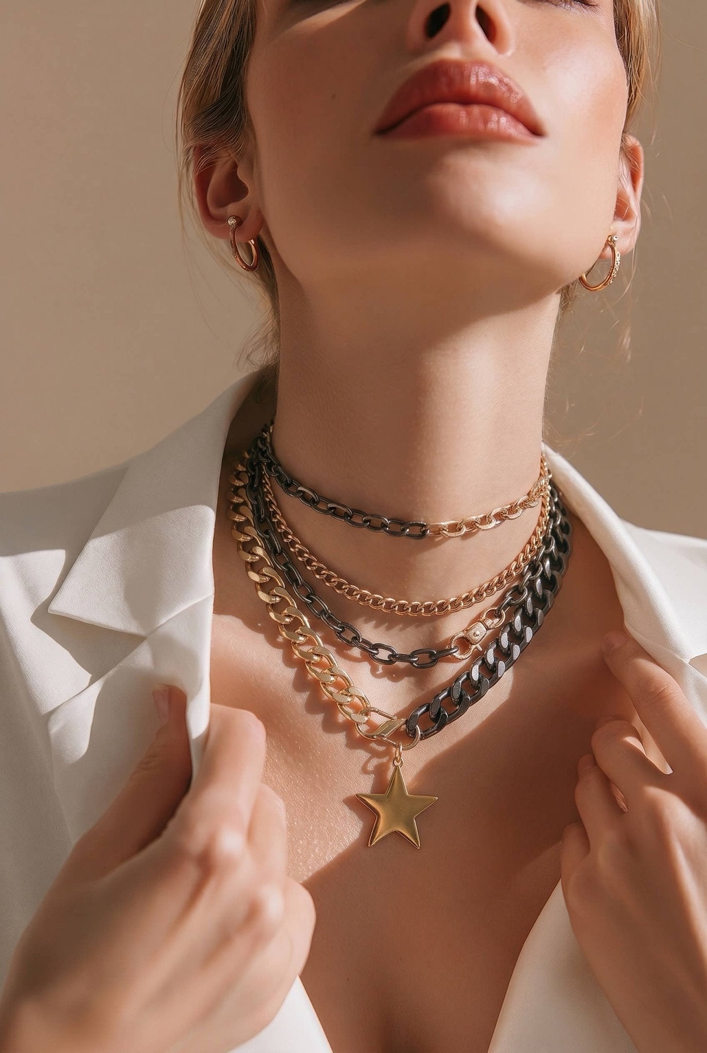 Mixed Metal Layered Chain Necklace with Star Pendant Gold - UnLaced Boutique