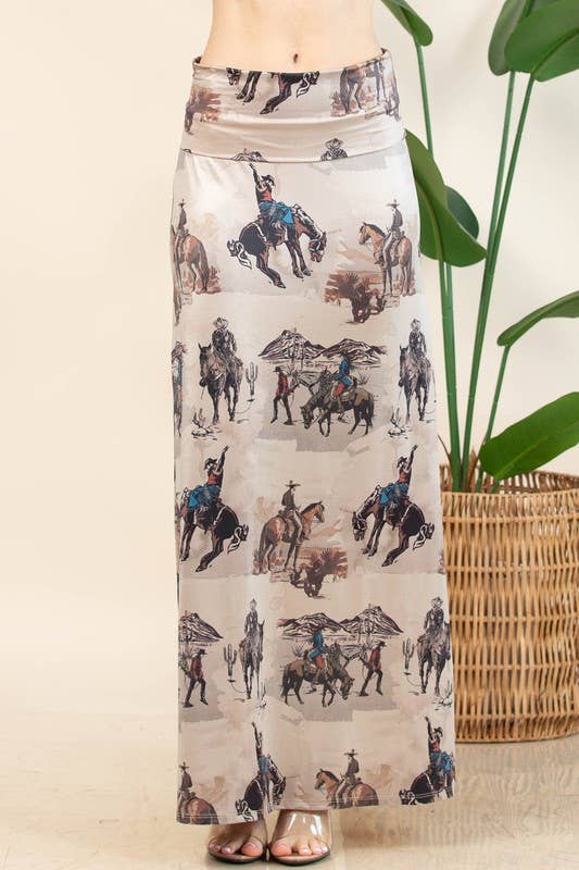 MOCHA ANINA WESTERN COWBOY PRINT A-LINE FULL KNIT SKIRT - UnLaced Boutique