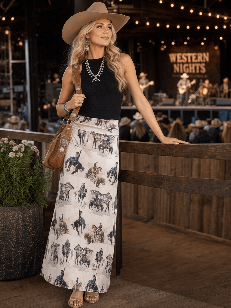 MOCHA ANINA WESTERN COWBOY PRINT A-LINE FULL KNIT SKIRT - UnLaced Boutique