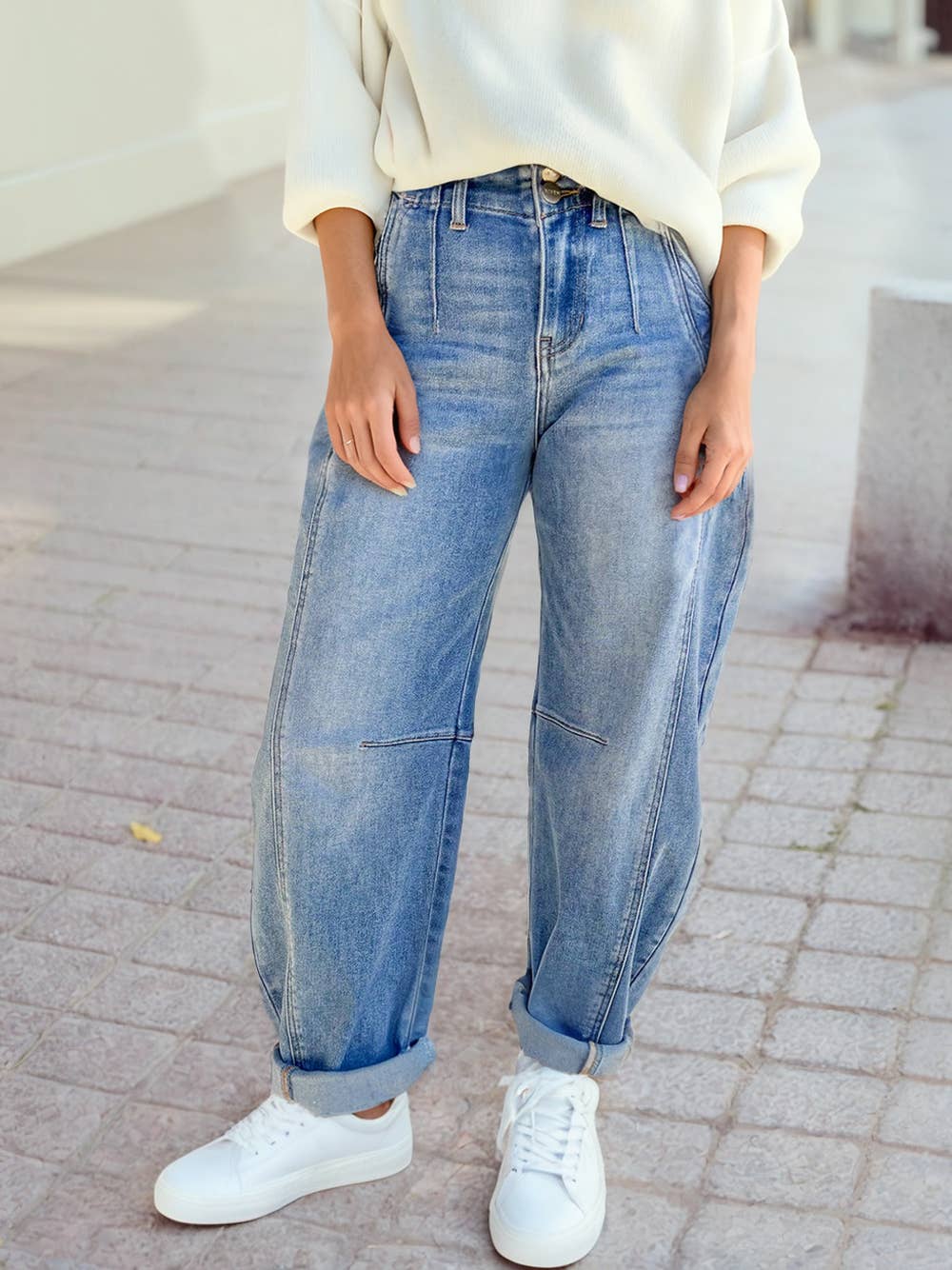 Multi Seam Detail Barrel Pleated Pocket Button Shift Jeans - UnLaced Boutique