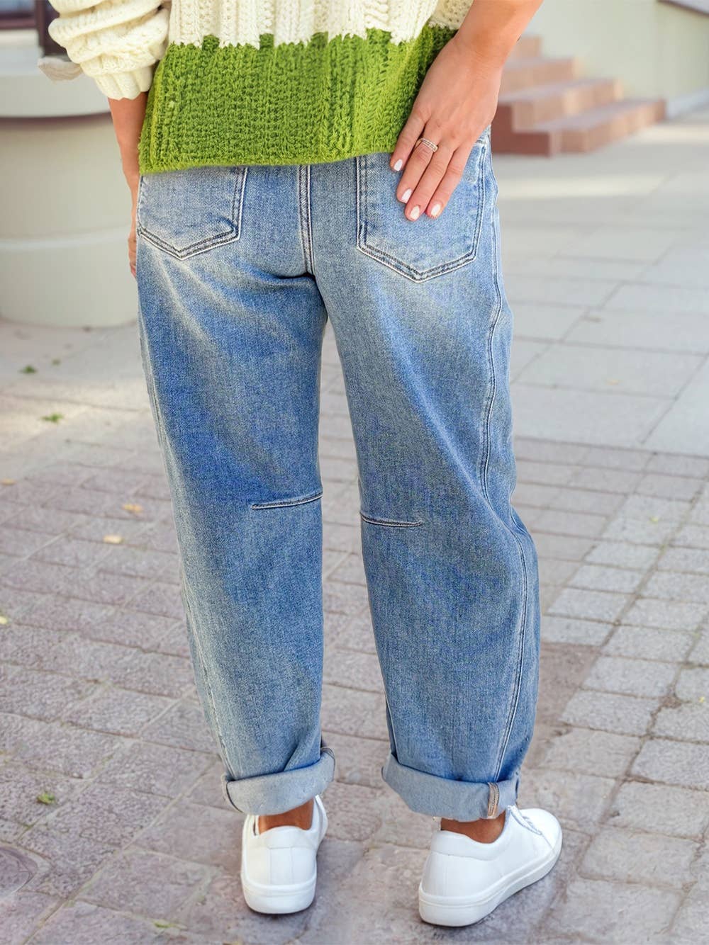 Multi Seam Detail Barrel Pleated Pocket Button Shift Jeans - UnLaced Boutique