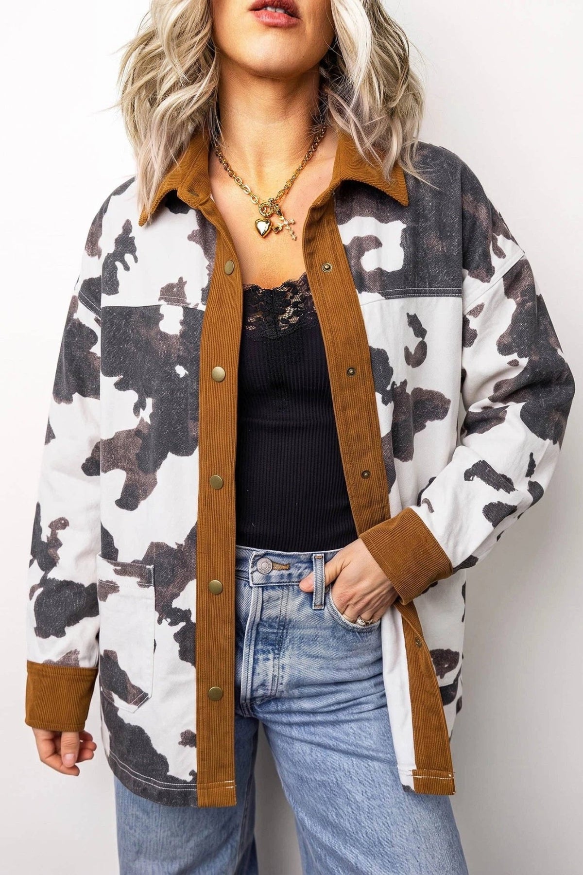 Multicolour Western Cow Print Long Sleeve Button-Up Denim Jacket - UnLaced Boutique