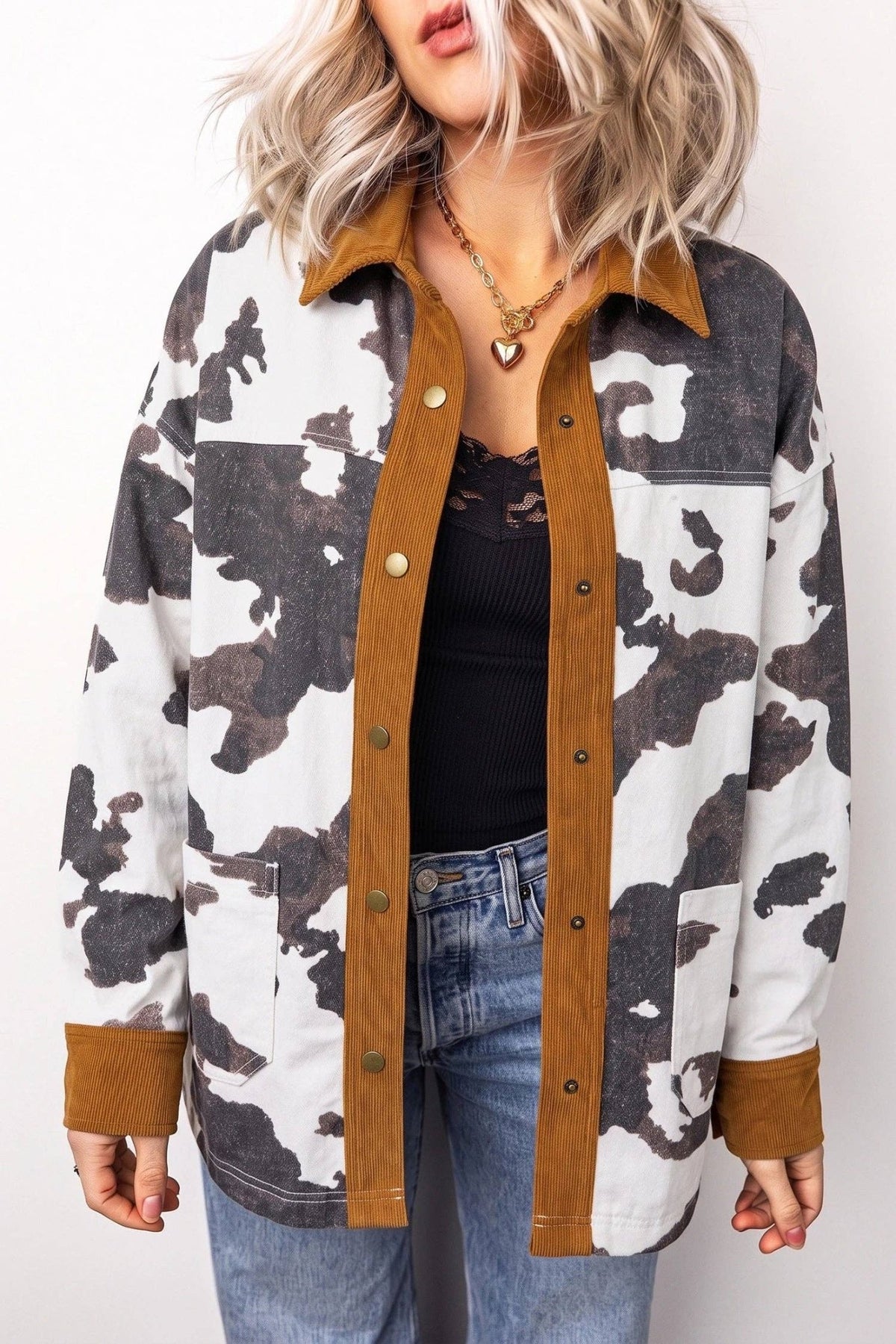 Multicolour Western Cow Print Long Sleeve Button-Up Denim Jacket - UnLaced Boutique
