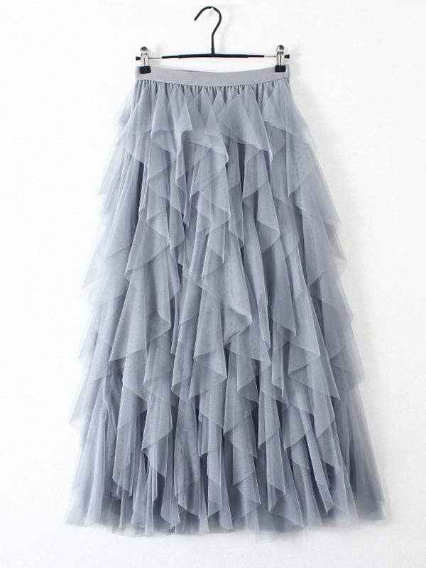 Grey tiered tulle maxi skirt with ruffled layers for a feminine fashion statement.