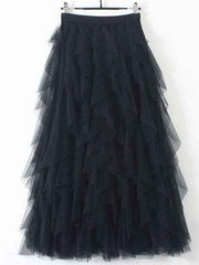 Elegant black tiered tulle maxi skirt with ruffled layers.