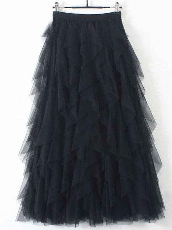 Elegant black tiered tulle maxi skirt with ruffled layers.