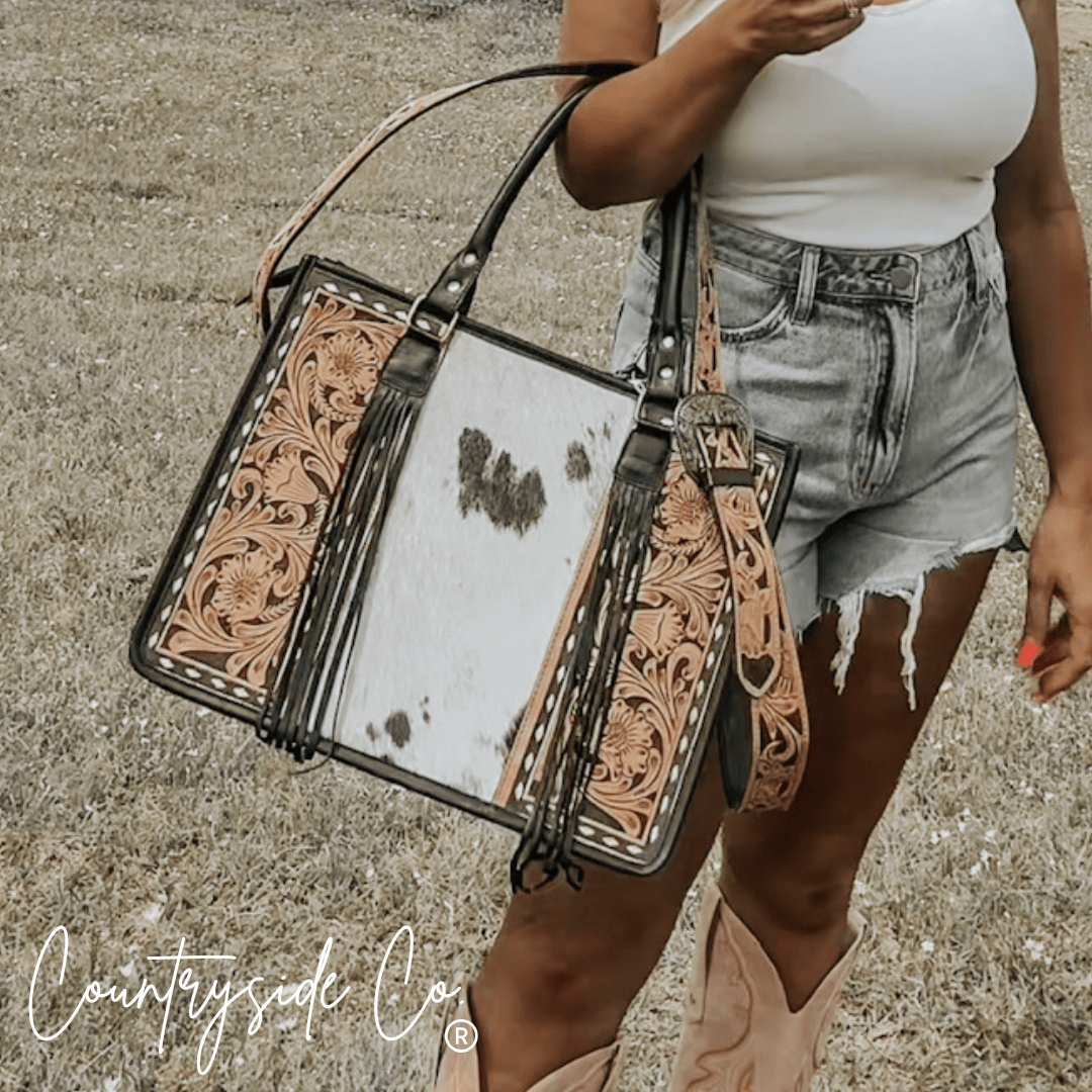 Panhandle Tooled Leather Cowhide Tote, Computer Bag, Purse - UnLaced Boutique