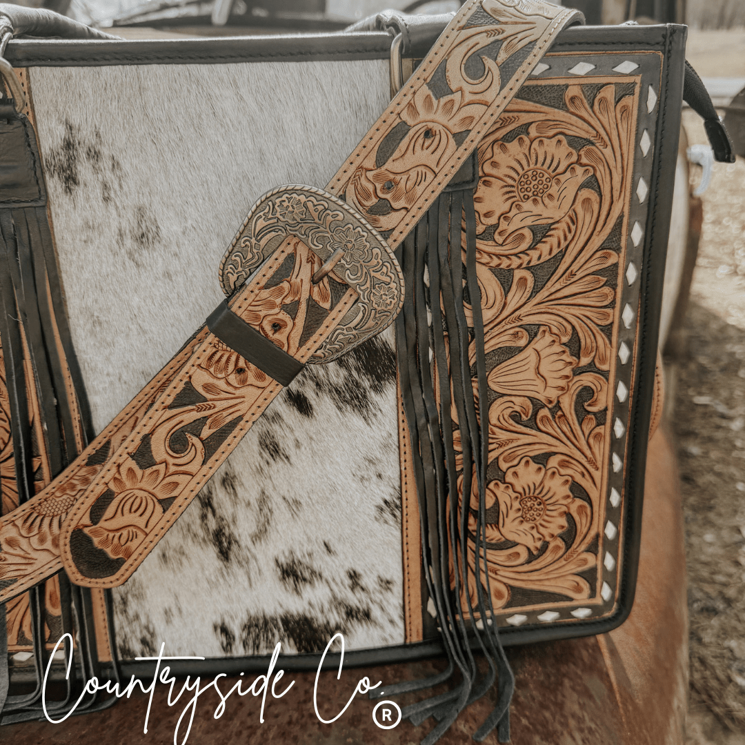 Panhandle Tooled Leather Cowhide Tote, Computer Bag, Purse - UnLaced Boutique