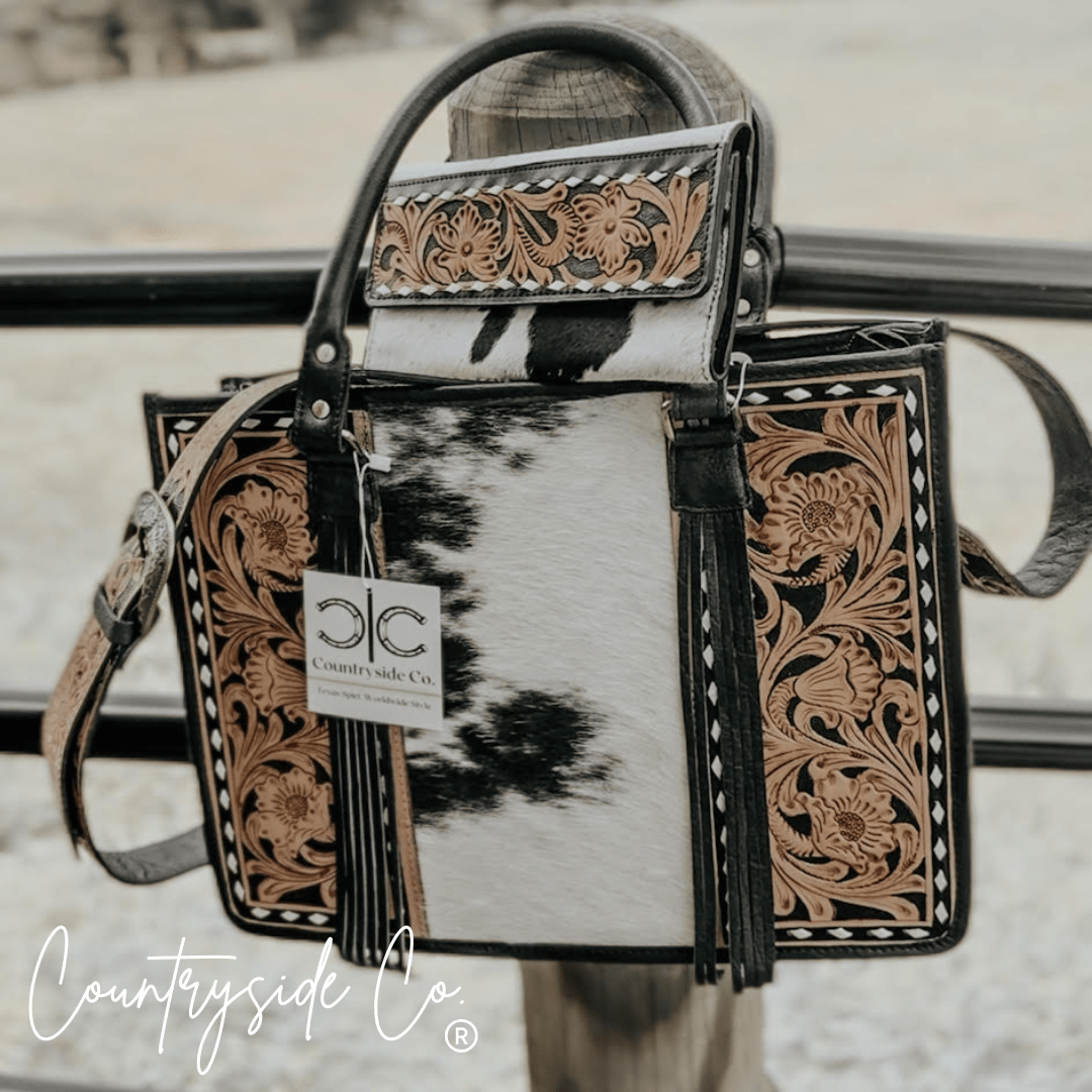 Panhandle Tooled Leather Cowhide Tote, Computer Bag, Purse - UnLaced Boutique