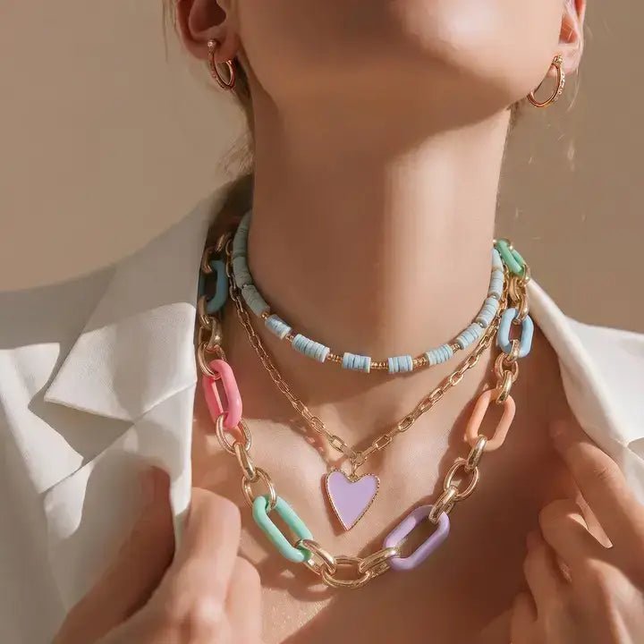 Pastel Link Chain Necklace with Heart Pendant Multi Color - UnLaced Boutique