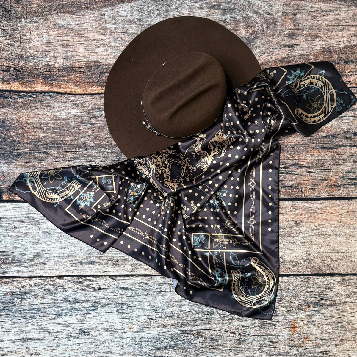 POLKA DOT BRONCO PRINT SILK SCARF 36X36 - Black/Khaki - UnLaced Boutique