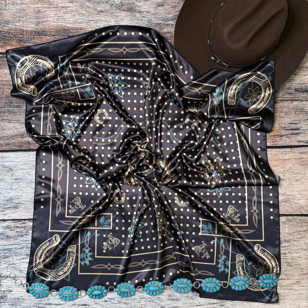 POLKA DOT BRONCO PRINT SILK SCARF 36X36 - Black/Khaki - UnLaced Boutique