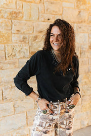 PS. Black Mineral Wash Studded Split Neck Long Sleeve Top - UnLaced Boutique