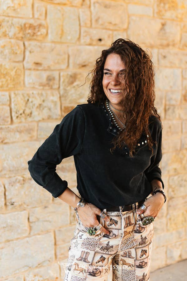 PS. Black Mineral Wash Studded Split Neck Long Sleeve Top - UnLaced Boutique