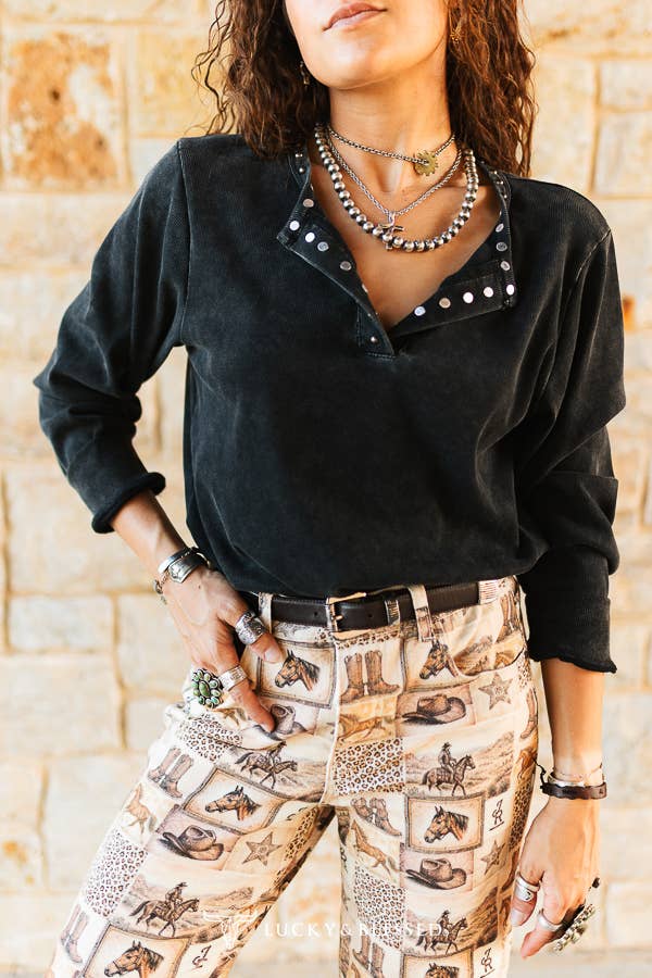 PS. Black Mineral Wash Studded Split Neck Long Sleeve Top - UnLaced Boutique