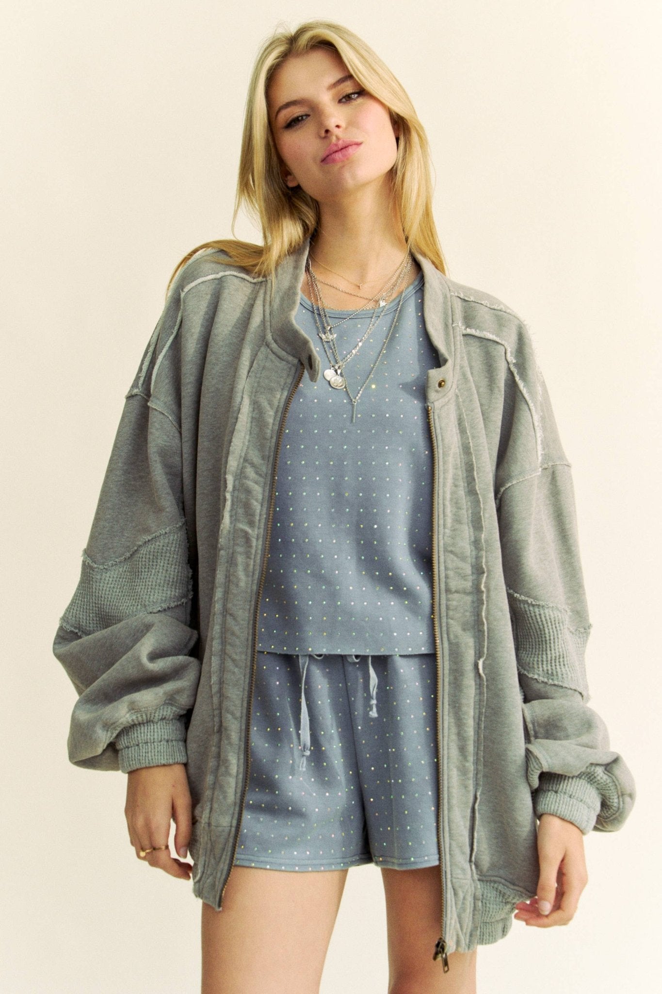 RAW EDGE WAFFLE FRAMED ZIP FRONT FLEECE JACKET - UnLaced Boutique