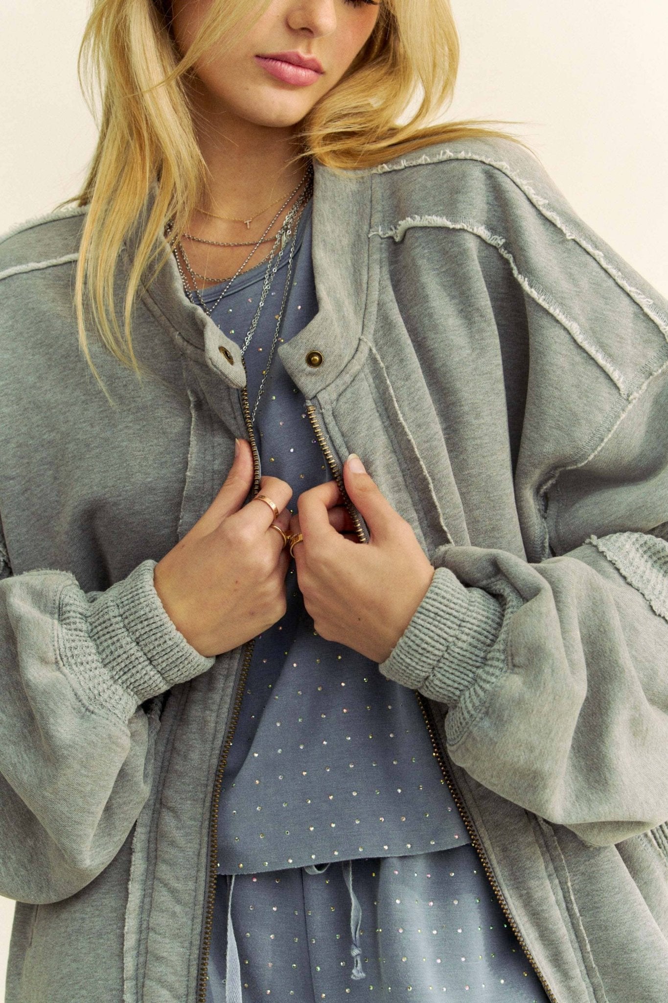 RAW EDGE WAFFLE FRAMED ZIP FRONT FLEECE JACKET - UnLaced Boutique