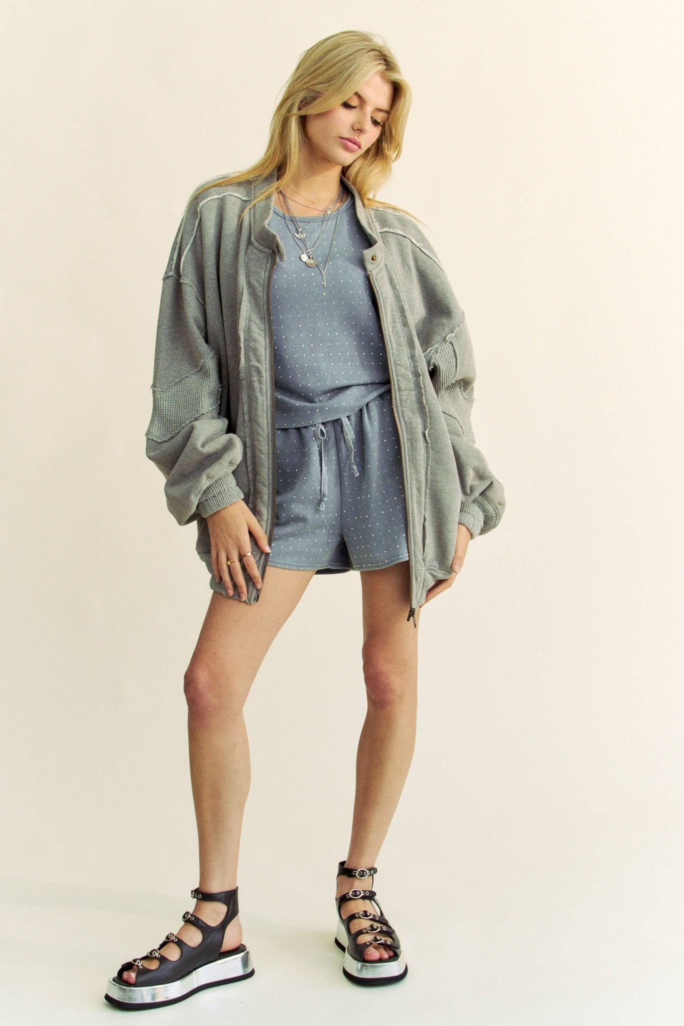 RAW EDGE WAFFLE FRAMED ZIP FRONT FLEECE JACKET - UnLaced Boutique