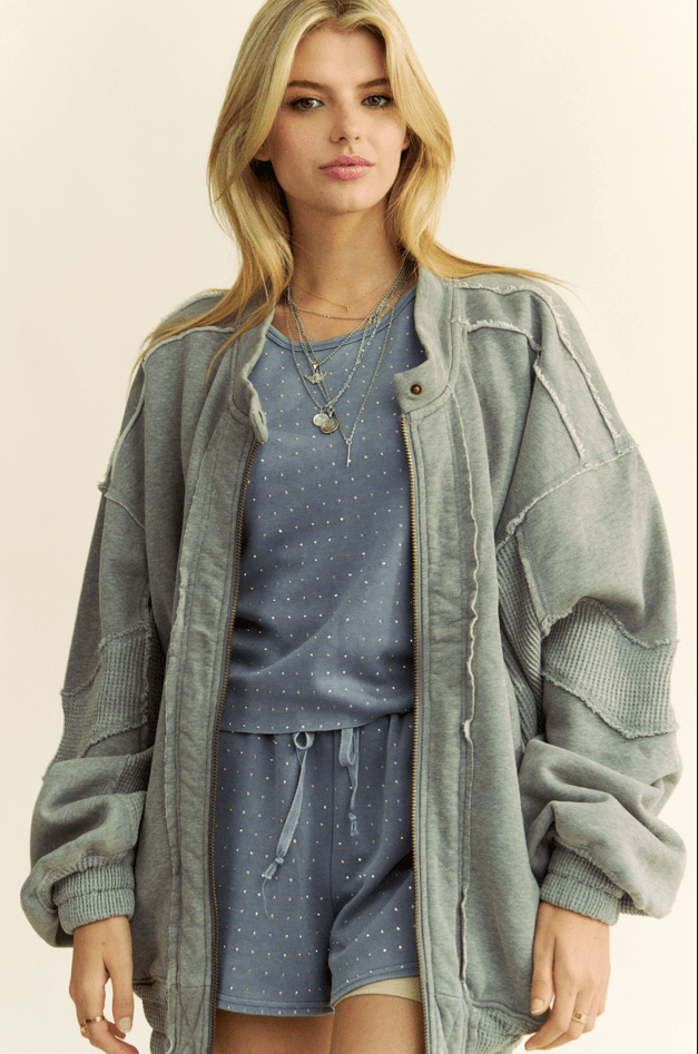RAW EDGE WAFFLE FRAMED ZIP FRONT FLEECE JACKET - UnLaced Boutique