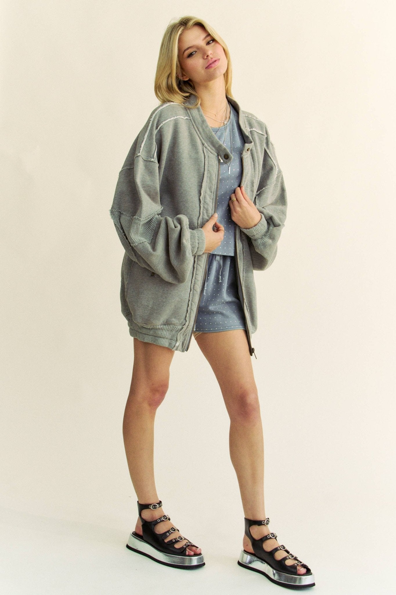 RAW EDGE WAFFLE FRAMED ZIP FRONT FLEECE JACKET - UnLaced Boutique
