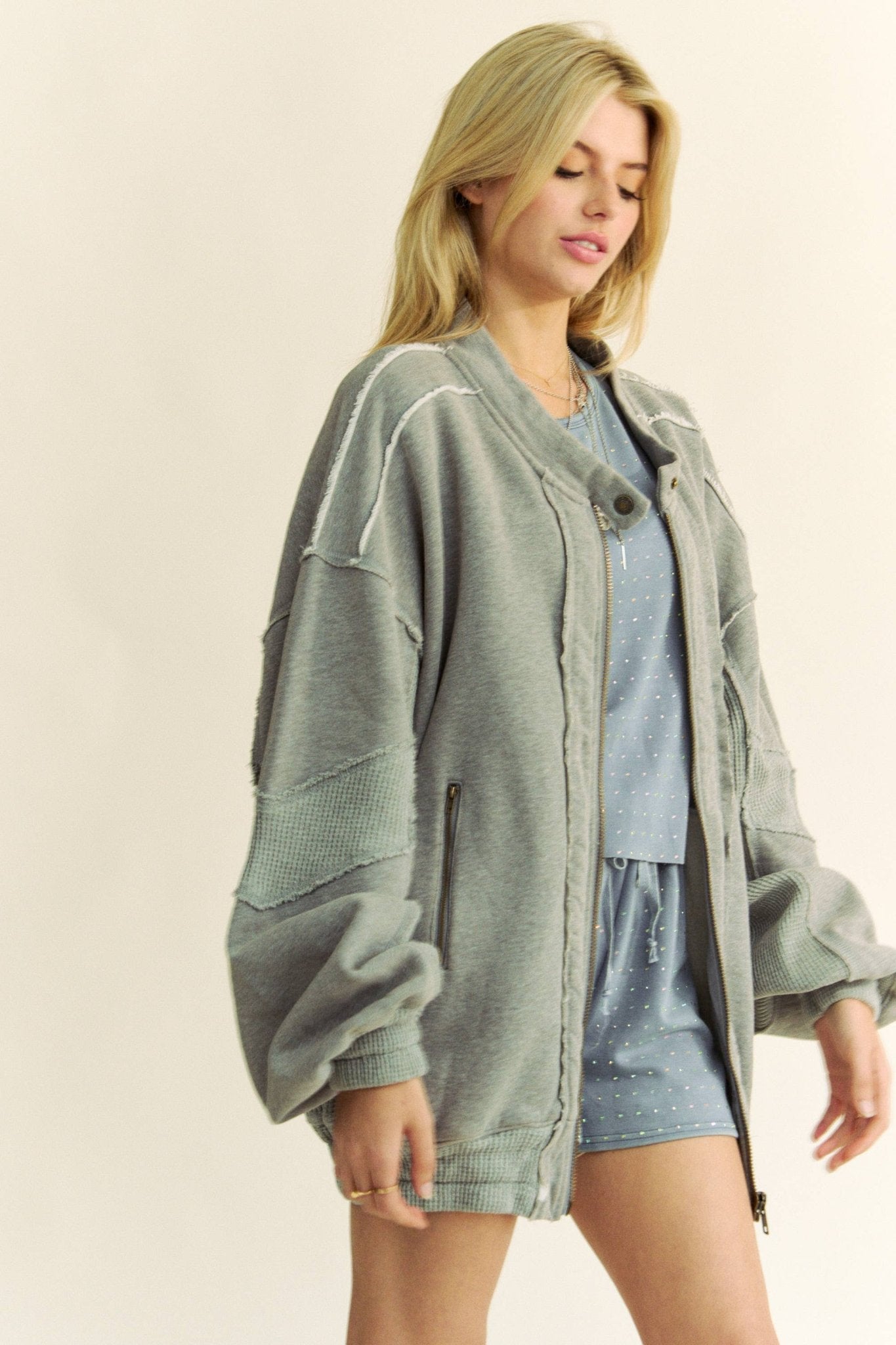 RAW EDGE WAFFLE FRAMED ZIP FRONT FLEECE JACKET - UnLaced Boutique