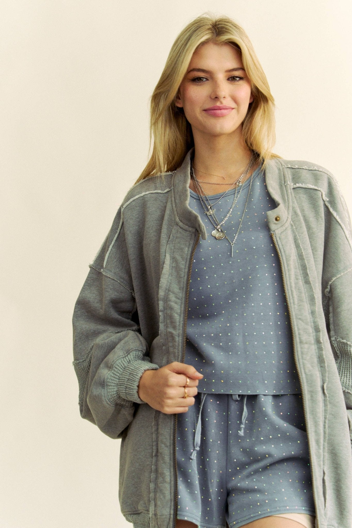 RAW EDGE WAFFLE FRAMED ZIP FRONT FLEECE JACKET - UnLaced Boutique