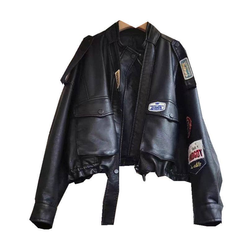Retro Washed PU Leather Moto Jacket with Print - UnLaced Boutique