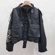 Retro Washed PU Leather Moto Jacket with Print - UnLaced Boutique