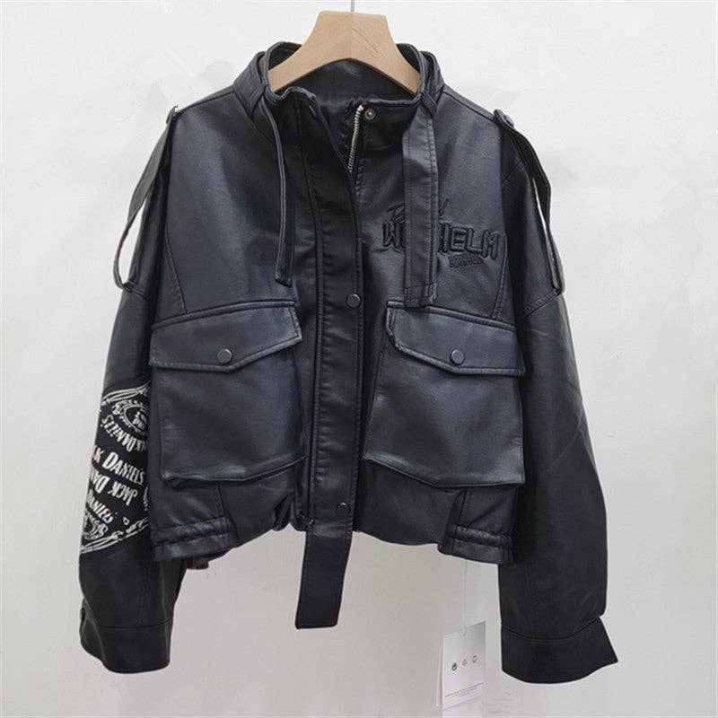 Retro Washed PU Leather Moto Jacket with Print - UnLaced Boutique