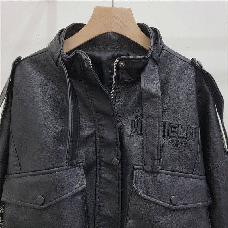 Retro Washed PU Leather Moto Jacket with Print - UnLaced Boutique