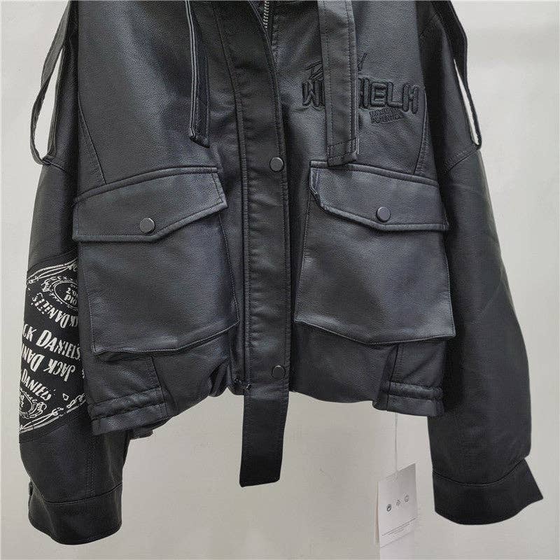 Retro Washed PU Leather Moto Jacket with Print - UnLaced Boutique