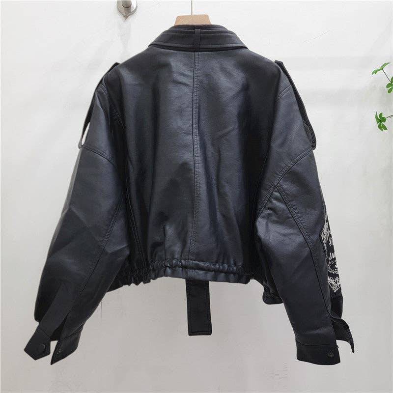 Retro Washed PU Leather Moto Jacket with Print - UnLaced Boutique