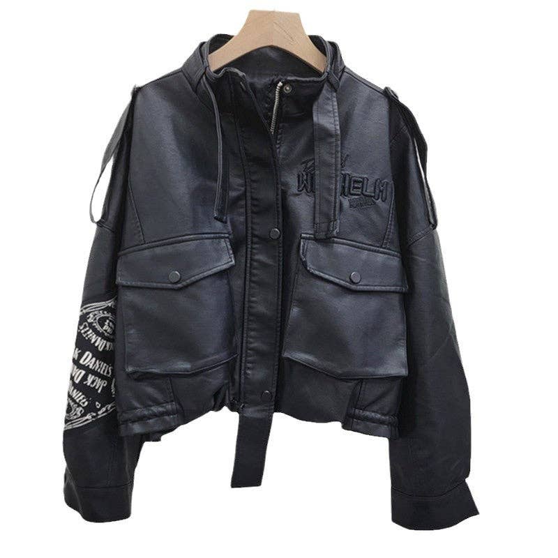 Retro Washed PU Leather Moto Jacket with Print - UnLaced Boutique