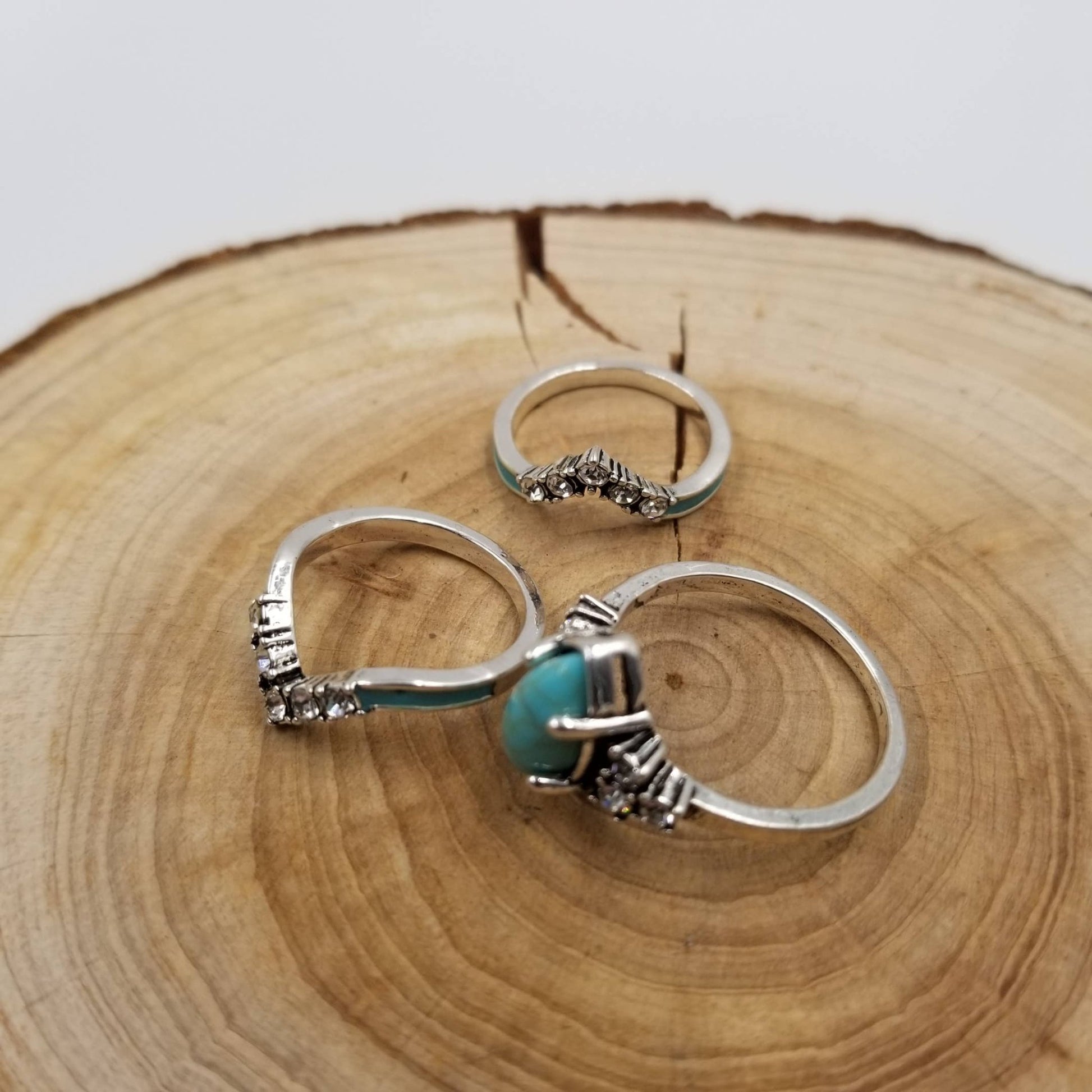 Silver Vintage Turquoise & Diamond Ring Set Of 3 - UnLaced Boutique
