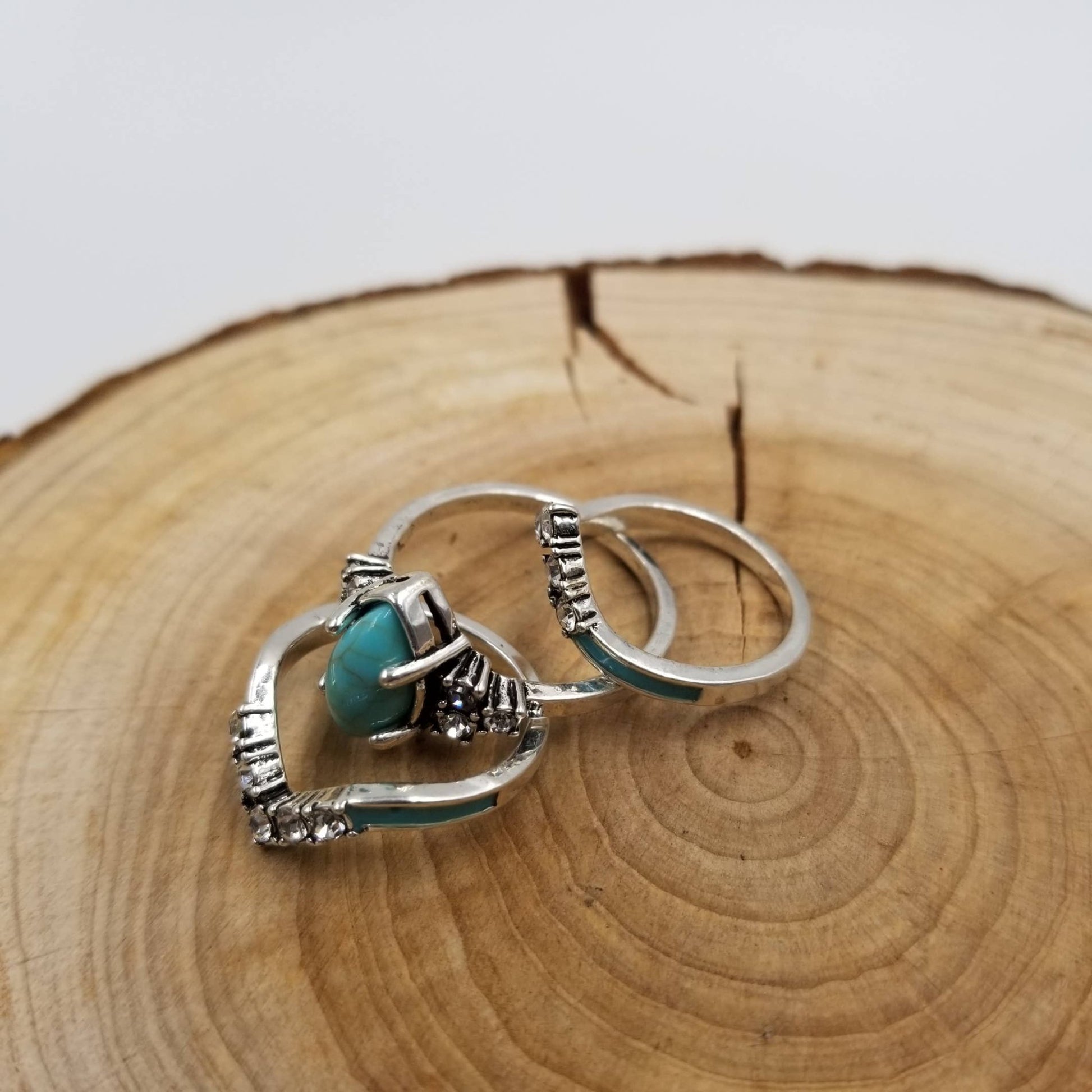 Silver Vintage Turquoise & Diamond Ring Set Of 3 - UnLaced Boutique