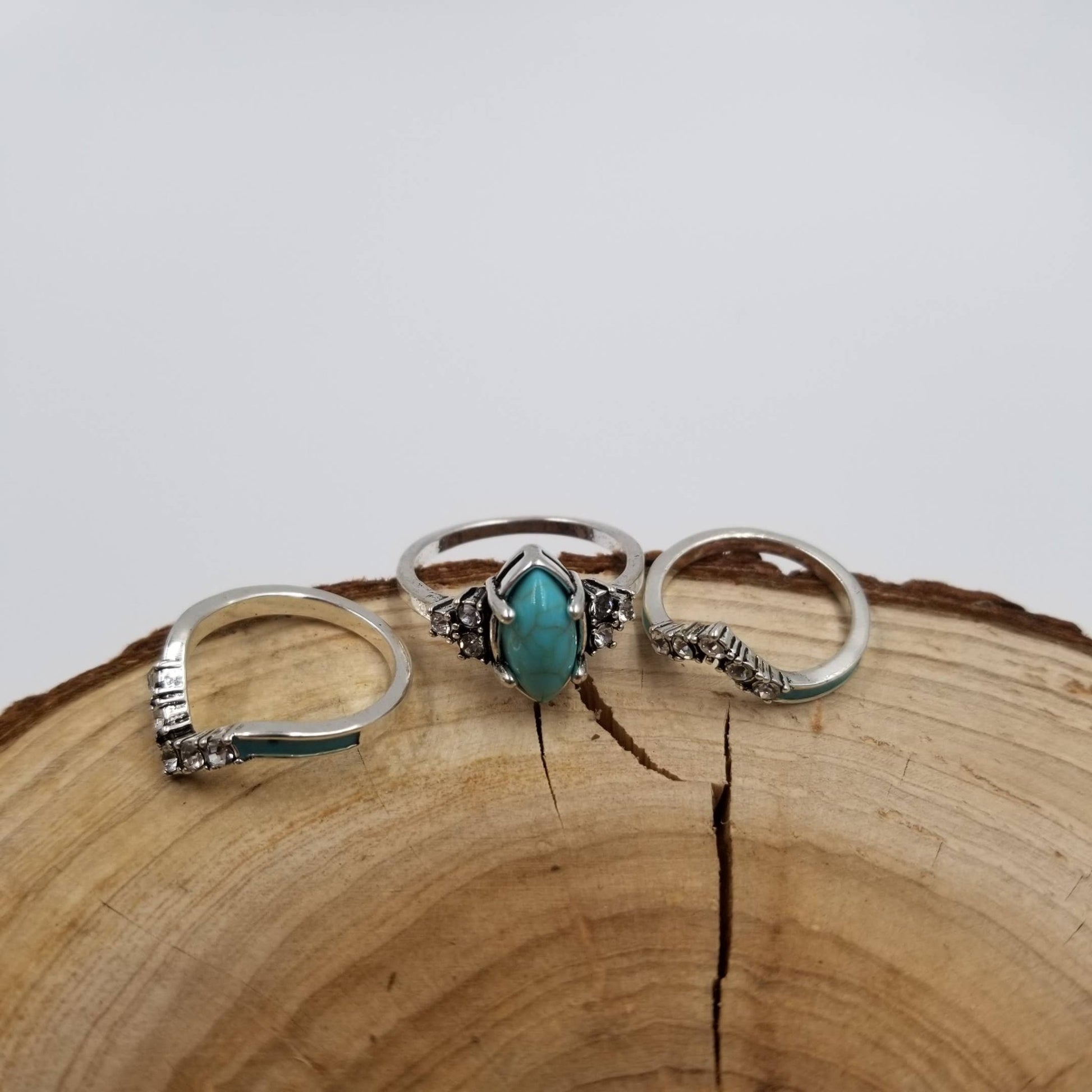 Silver Vintage Turquoise & Diamond Ring Set Of 3 - UnLaced Boutique