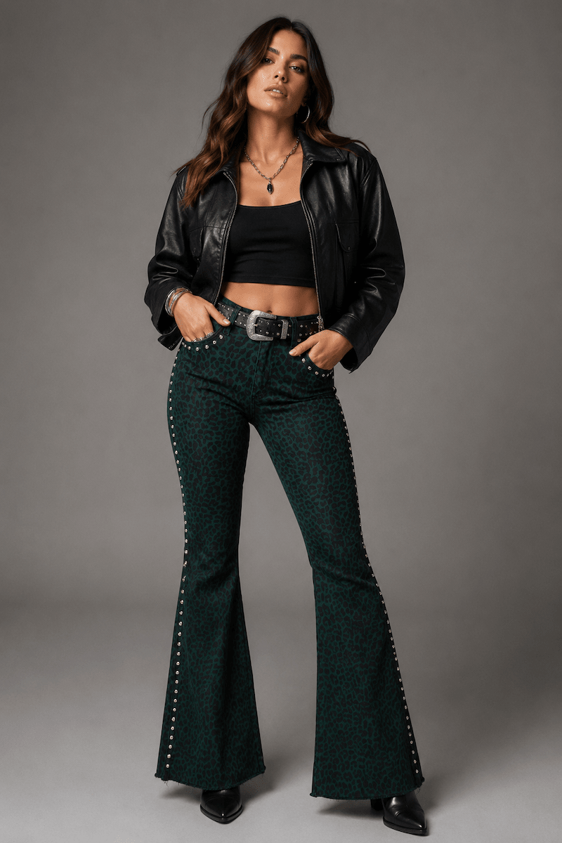 Studded Leopard Bell Bottom Jean - UnLaced Boutique