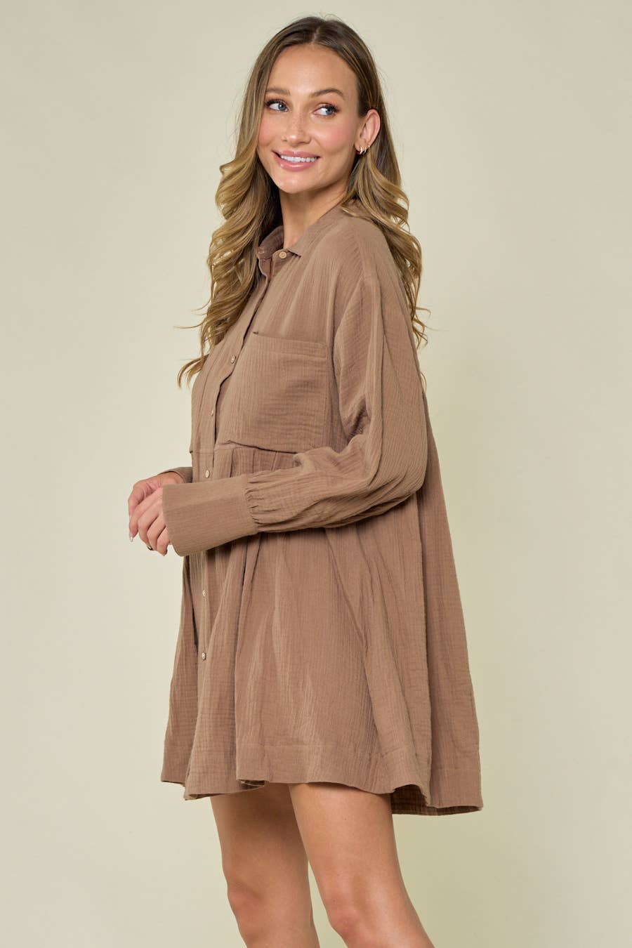 TAN BUTTON DOWN FALL STYLE SHIRT DRESS WITH PLEATS - UnLaced Boutique