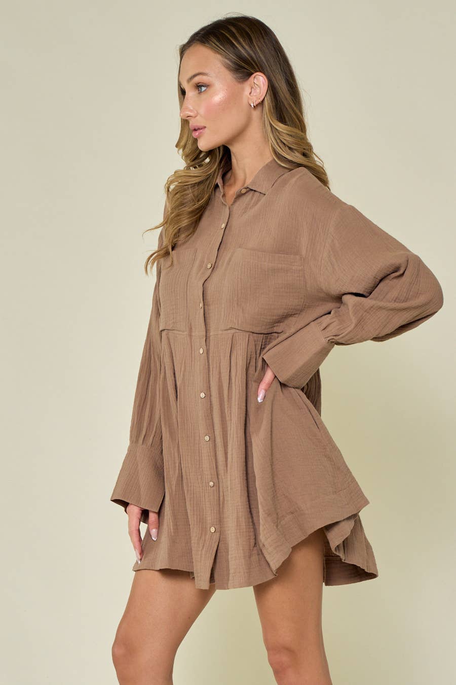 TAN BUTTON DOWN FALL STYLE SHIRT DRESS WITH PLEATS - UnLaced Boutique