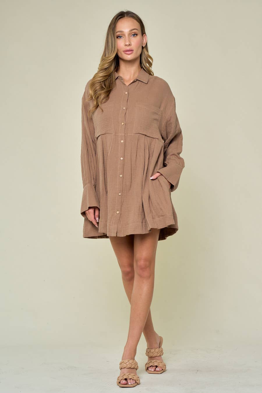 TAN BUTTON DOWN FALL STYLE SHIRT DRESS WITH PLEATS - UnLaced Boutique