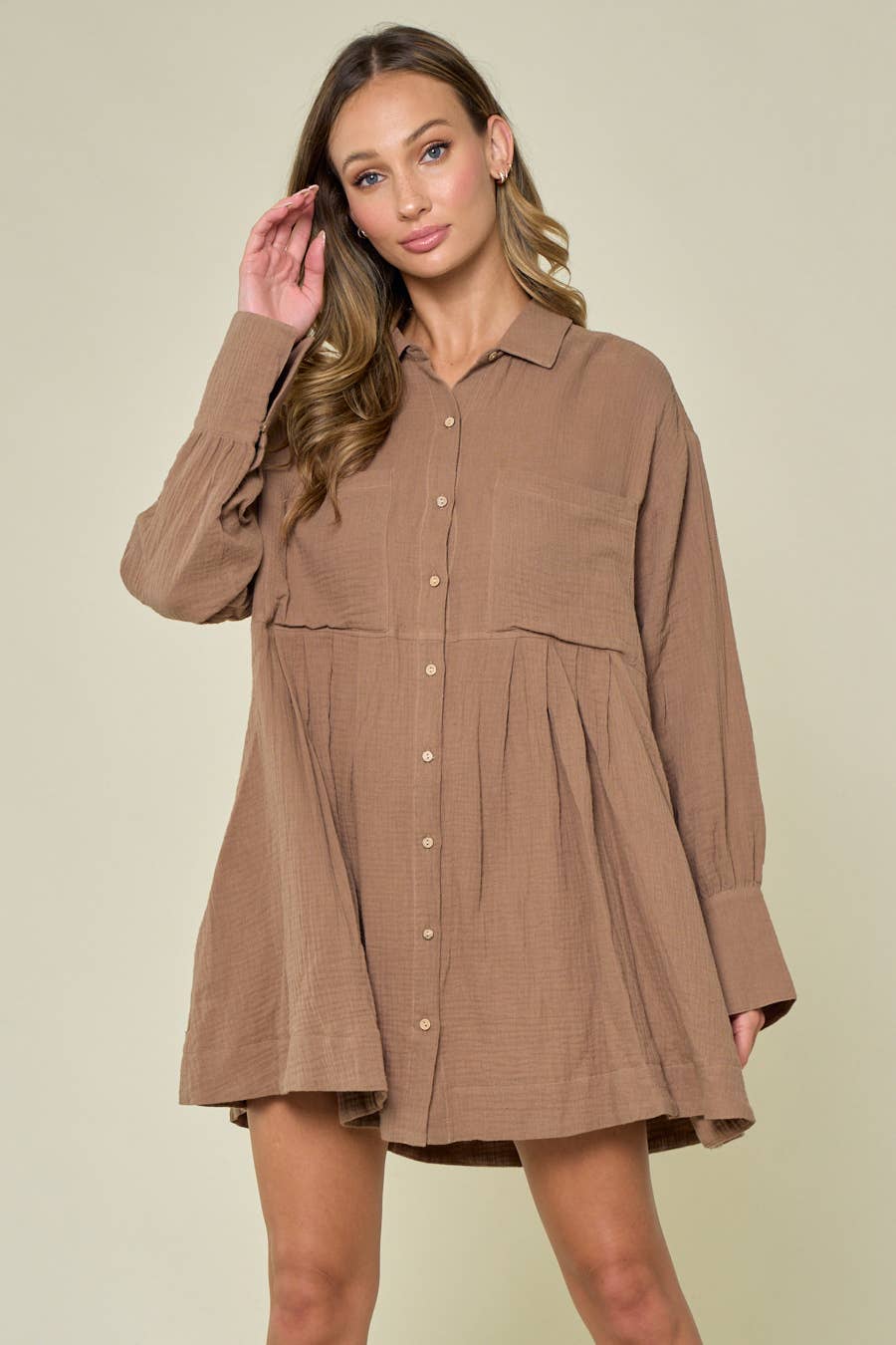 TAN BUTTON DOWN FALL STYLE SHIRT DRESS WITH PLEATS - UnLaced Boutique