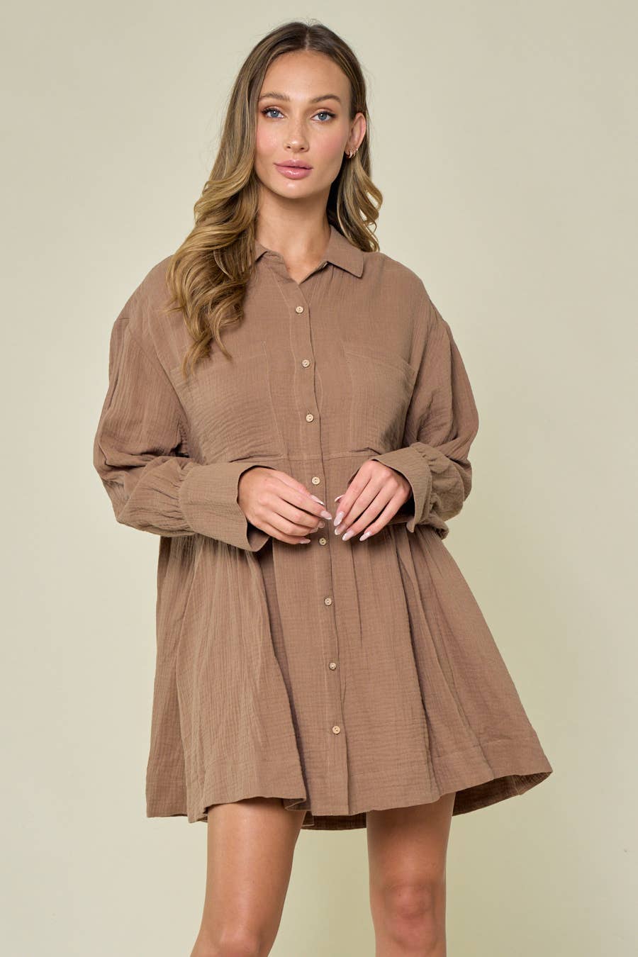 TAN BUTTON DOWN FALL STYLE SHIRT DRESS WITH PLEATS - UnLaced Boutique