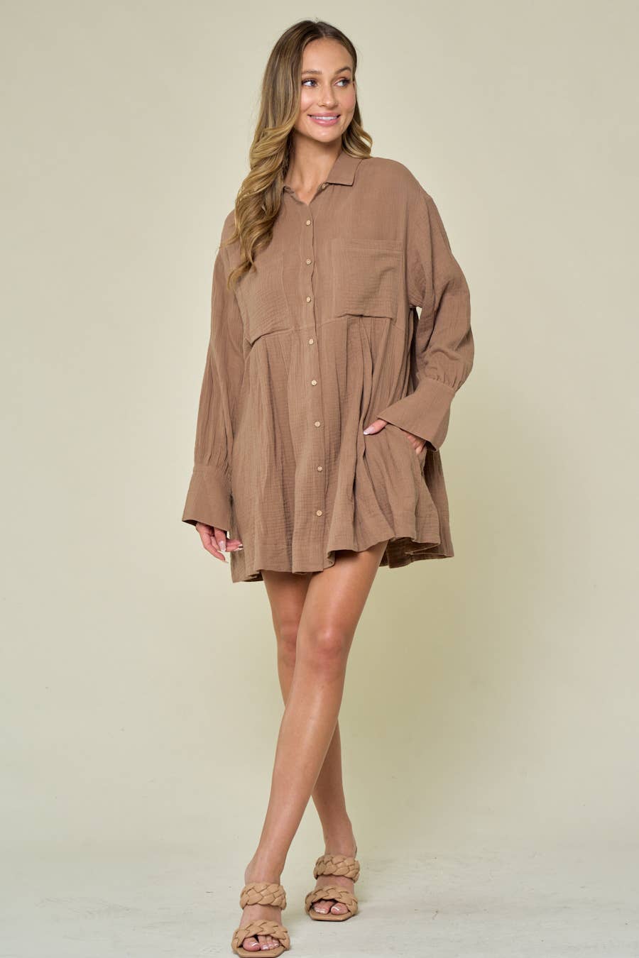 TAN BUTTON DOWN FALL STYLE SHIRT DRESS WITH PLEATS - UnLaced Boutique