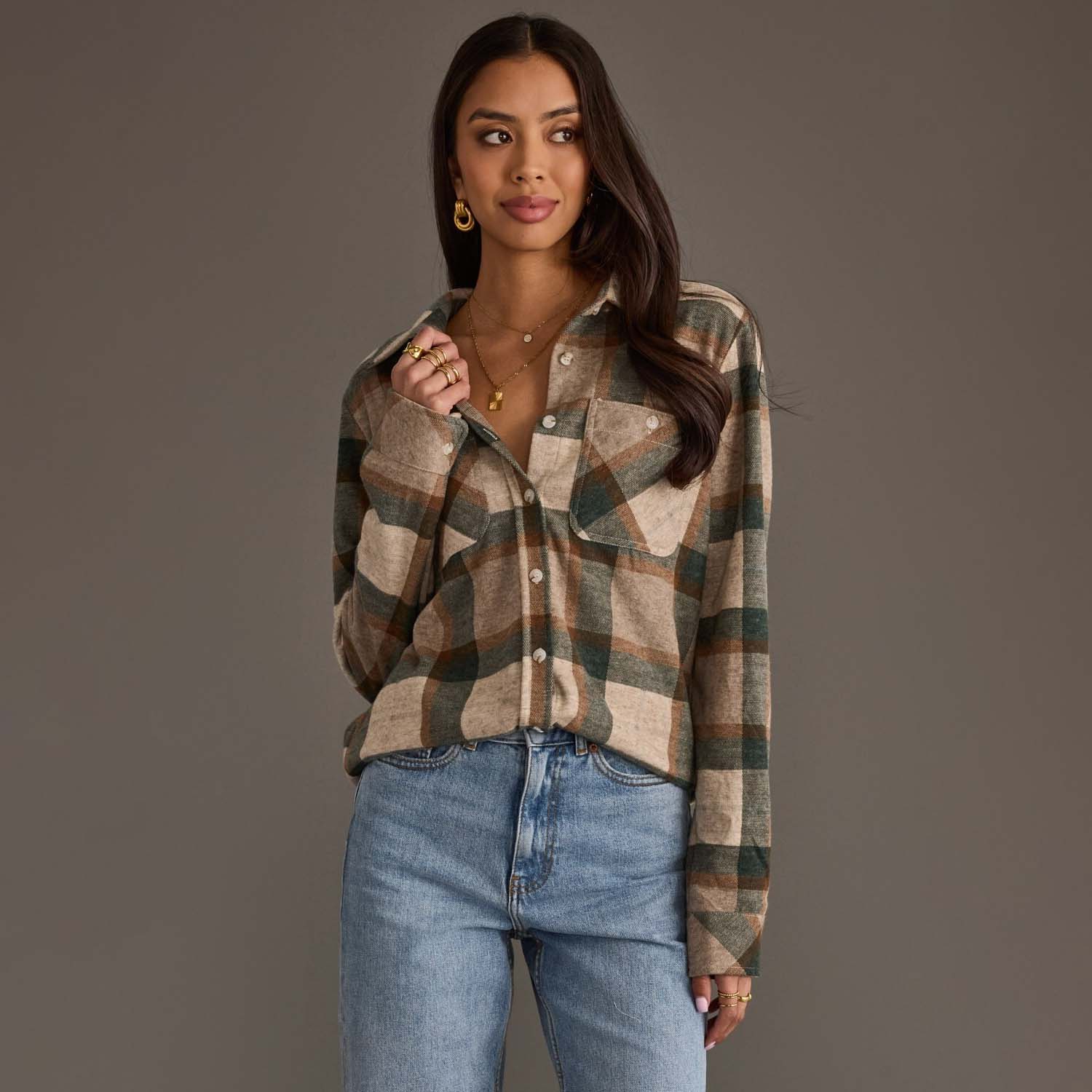 Tan, Dk. Green & Rust Plaid Button Up - UnLaced Boutique