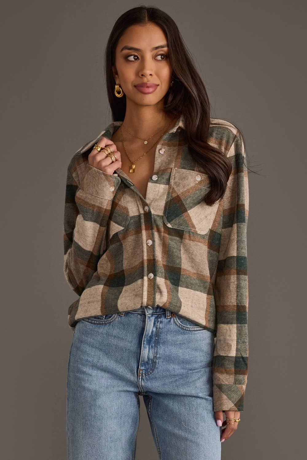 Tan, Dk. Green & Rust Plaid Button Up - UnLaced Boutique